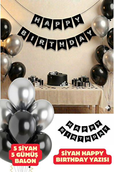 Baloncu Nene Siyah Happy Birthday Yazısı Balon Seti Siyah Gümüş Balon Doğum G...