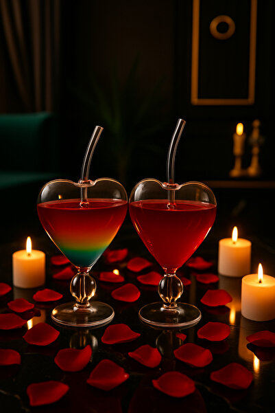 Gülümseten Avm Set of 2 Heart-Shaped Special Design Glass Cups with Transparent Straws Romantic Presentation