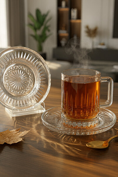 Gülümseten Avm 12-Piece Crystal Patterned Glass and Saucer Set with Handles, Stylish Tea and Coffee Presentation Set