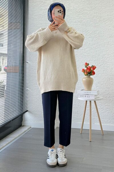 Miraydın Butik Women's Crew Neck Oversized Sweater - Stone