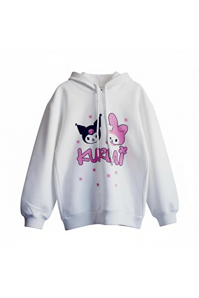 kuromi Kız Çocuk 6-10 Yaş Pembe Baskılı Beyaz Renk Sweatshirt %100 Pamuk