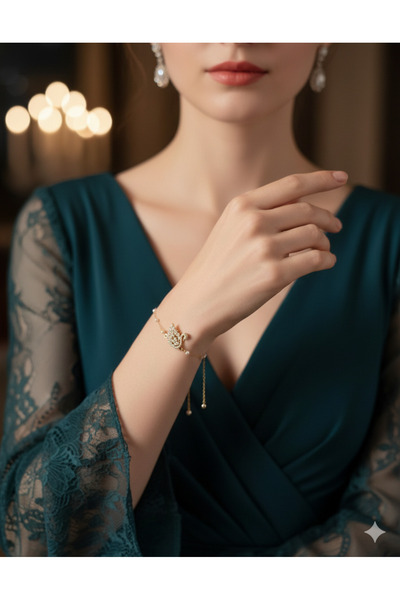 stainless steell Kuğu Figürlü İnci Detaylı Altın Renk Kadın Bileklik – Zarif ...