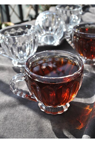 Qualitev Set of 6 Glass Tea Cups with Handles and Feet, 205 ml - Coral