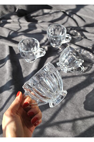 Qualitev Set of 6 Glass Tea Cups with Handles and Feet, 205 ml - Coral