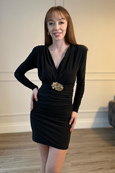 Dilay Gökoğlu Butik Μαύρο Μίνι Κομψό Φόρεμα με Αποσπώμενη Ζώνη