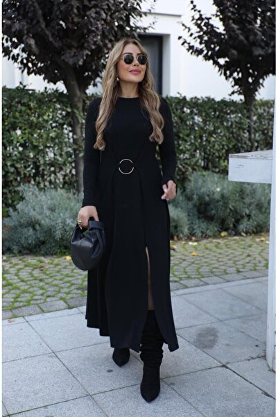 Kokosh moda Rochie de damă cu mânecă lungă guler rotund cu detaliu inel frontal cu fantă din viscoză lungă cu două fire