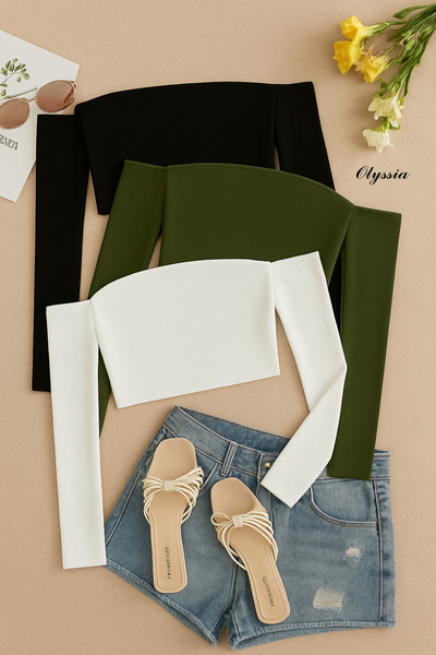 Olyssia Жіночий 3-пакетний комплект Блуза з коміром-мадонною Облягаючий еластичний кроп-бюстьє з довгими рукавами – стильний і модний верх