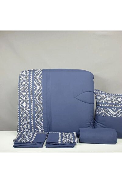 Reiashn Aisel Navy Blue Embroidered 7-Piece Summer Double Bedspread