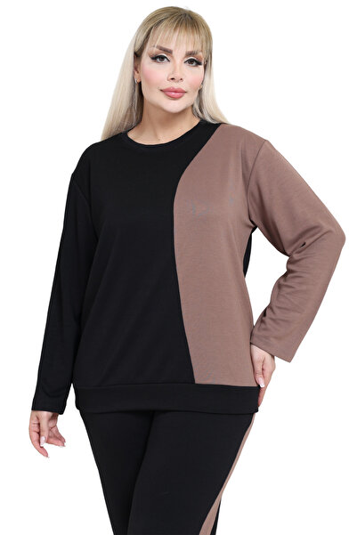 MELSAY Women's Plus Size Black-Brown Color Block Modal Tracksuit Set