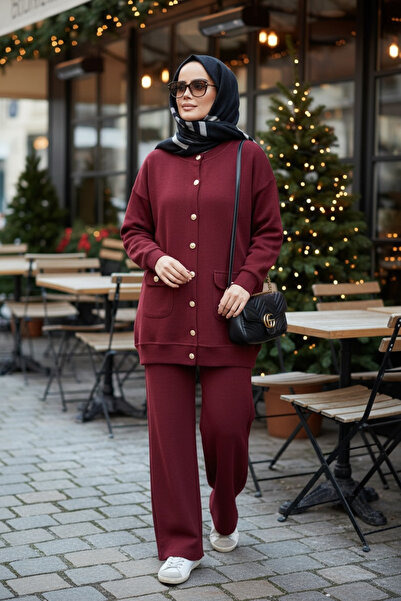 Aselim Hijap Moda Oslo Thessaloniki Fabric Cardigan Double Suit – O Oversized Mold – Winter Hijab Suit Burgundy