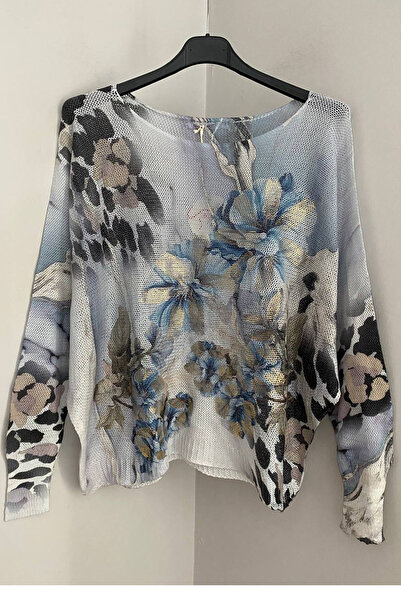 AYASOFYA OTANTIK Women's Italian Blue Foiled Leopard Floral Pattern Batwing Sleeve Mercerized Blouse Sweater