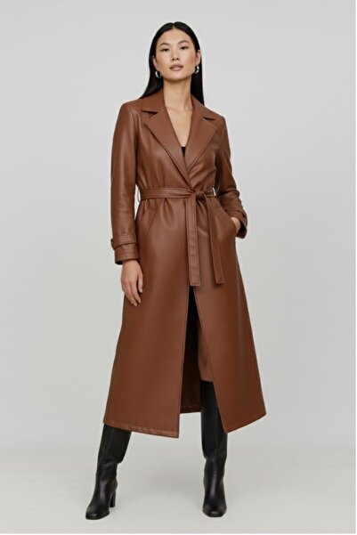 Kırmızı iz Maxi Boy Suni Deri Trençkot / Kuşaklı Uzun Deri Görünümlü Kaban / ...