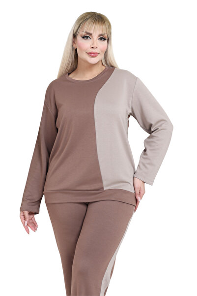 MELSAY Women's Plus Size Mink-Ecru Color Block Modal Tracksuit Set