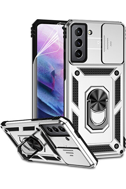 OEM Husă compatibilă cu Samsung Galaxy S21 5G, antișoc, cu suport, negru/alb