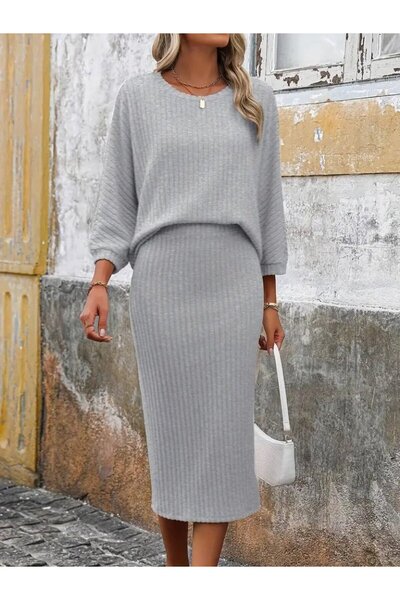 ALPACO Women's Long Sleeve Round Neck Fleece-Lined Ribbed Knit Blouse and Skirt Two-Piece Set