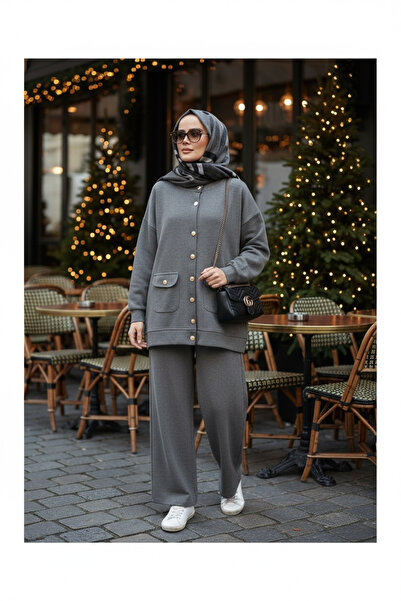 Aselim Hijap Moda Oslo Thessaloniki Fabric Cardigan Double Suit – O Oversized Pattern – Winter Hijab Suit Gray