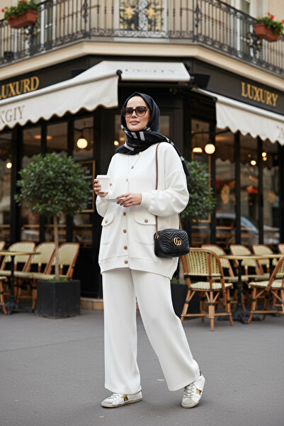 Aselim Hijap Moda Oslo Thessaloniki Fabric Cardigan Double Suit – O Oversized Mold – Winter Hijab Suit Ecru
