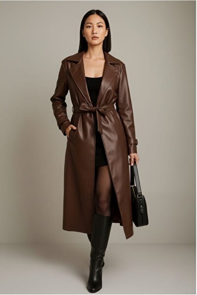 Kırmızı iz Maxi Boy Suni Deri Trençkot / Kuşaklı Uzun Deri Görünümlü Kaban / ...