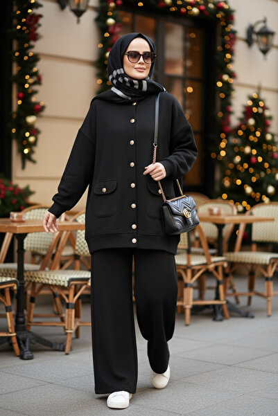 Aselim Hijap Moda Oslo Thessaloniki Fabric Cardigan Double Suit – O Oversized Mold – Winter Hijab Suit Black