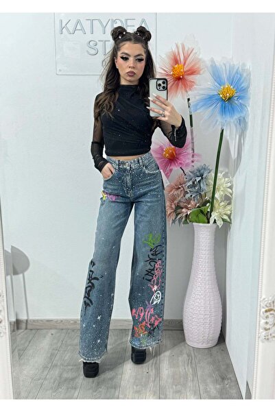 KATYDEA STORE Wide-Leg Jeans with Crystals and Graffiti ANDREE
