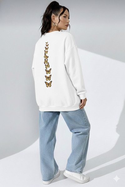 LiyAdaCo Women's Oversized Back Butterflies Printed White Sweatshirt