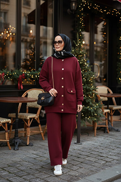 Aselim Hijap Moda Oslo Thessaloniki Fabric Cardigan Double Suit – O Oversized Mold – Winter Hijab Suit Burgundy