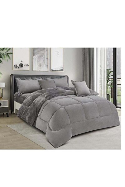 MİNG Lİ Royal 6-piece King Bedspread, Winter Reversible Velvet & Fur, 220x240 cm