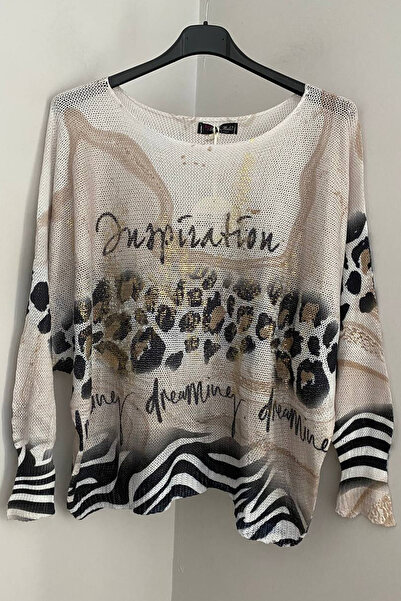 AYASOFYA OTANTIK Women's Italian Beige Gilded Lettering Safari Patterned Batwing Sleeve Mercerized Blouse Sweater