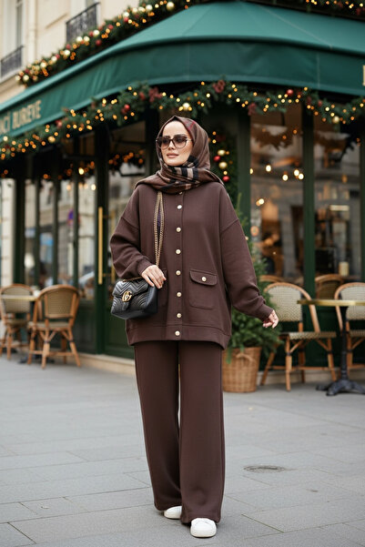 Aselim Hijap Moda Oslo Thessaloniki Fabric Cardigan Double Set – O Oversized Model – Winter Hijab Set Acıkahve