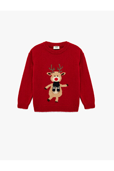 Koton Crew Neck Long Sleeve Deer Pattern Knitwear Sweater