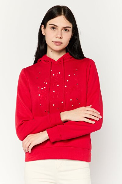 Buzz Women Hooded Long Sleeves Emboss Sweatshirt, Red