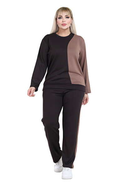 MELSAY Women's Large Size Light Brown-Mink Color Block Modal Tracksuit Set