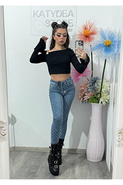 KATYDEA STORE Blue skinny jeans with stamped crystals DANY