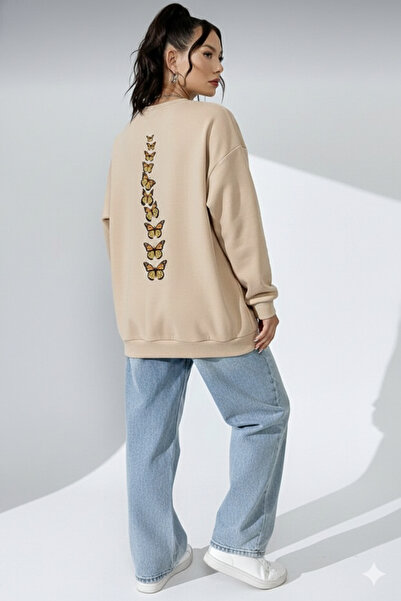 LiyAdaCo Γυναικείο φούτερ oversized Sırt Kelebekler με τύπωμα μπεζ