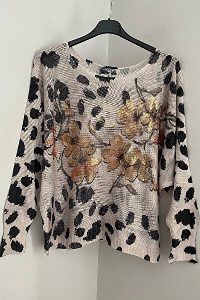 AYASOFYA OTANTIK Women's Italian Beige Gilded Flowers on Branch Patterned Batwing Sleeve Mercerized Blouse Sweater