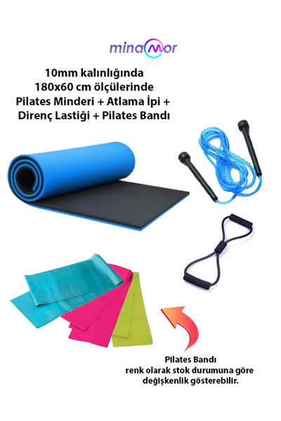 Minamor 4lü Pilates Seti ( 10mm Kalınlığında Pilates Minderi+Atlama İpi+Diren...