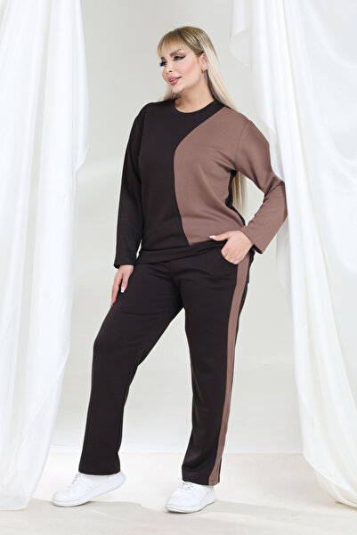 MELSAY Women's Large Size Light Brown-Mink Color Block Modal Tracksuit Set