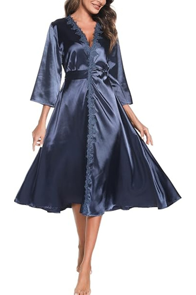 OEM Halat de baie din satin pentru femei, albastru, mărimea S