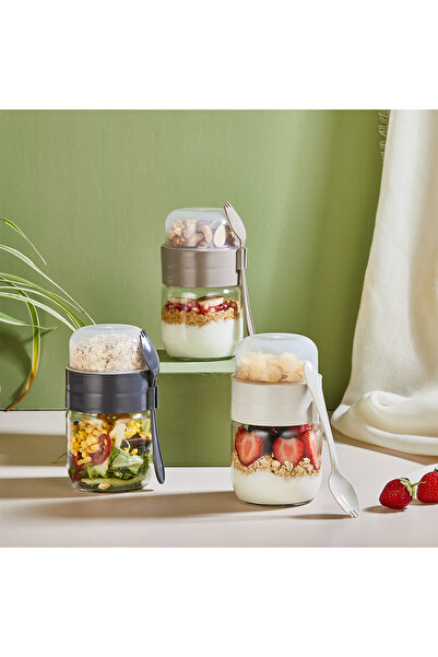 AKTEZ-EL Glass Yogurt Container Qlux Glass Yogurt Muesli Portion Container Meal Container C-00538 Bpa Free with Fork