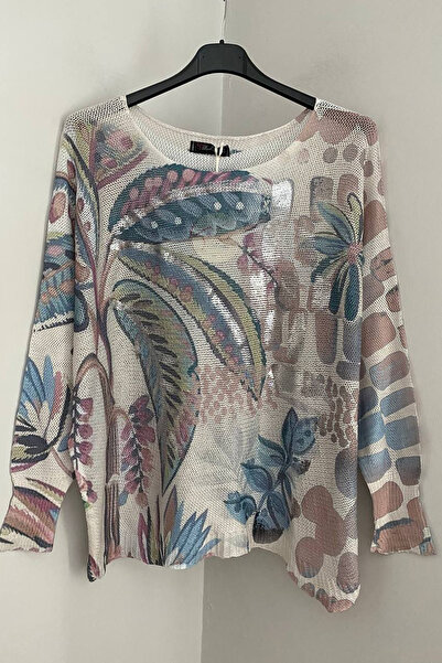 AYASOFYA OTANTIK Women's Italian Ecru Glitter Tropical Forest Pattern Batwing Sleeve Mercerized Blouse Sweater