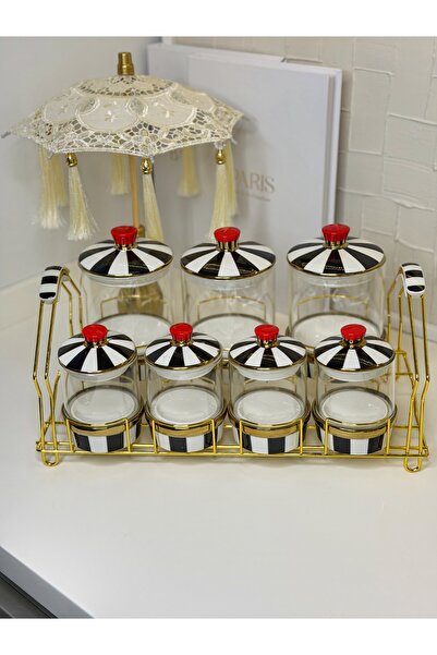 cicizuccaciye 7 Li Gold Standlı Siyah/Beyaz Baharat Takımı