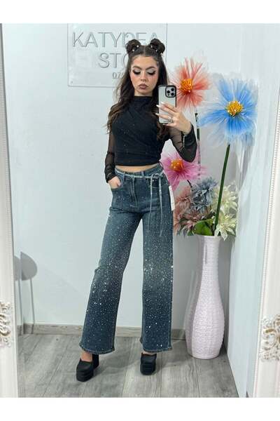 KATYDEA STORE XONIA Wide-Leg Jeans with Pressed Crystals