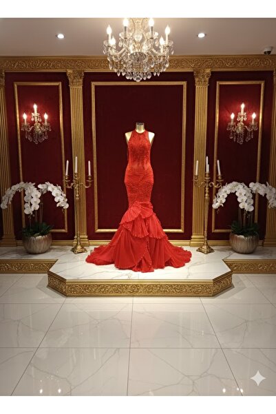 Zeyn KADIN ABİYE BALIK KESİM PLİSE YAPRAK DETAYLI UZUN ELBİSE