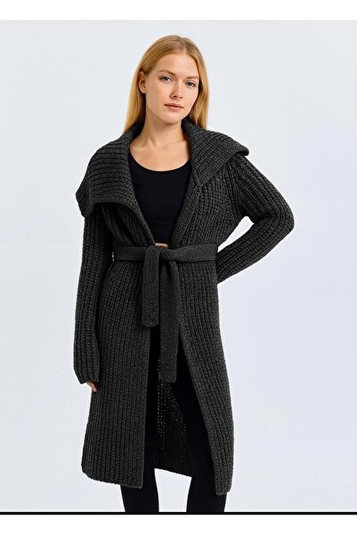 ibeeka Grayish Gray Black Belted Cardigan