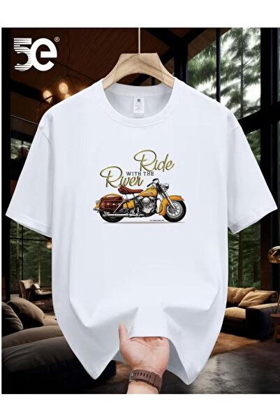 LELVANİ تي شيرت بنمط طباعة توضيحية للدراجات النارية على الطراز الكلاسيكي