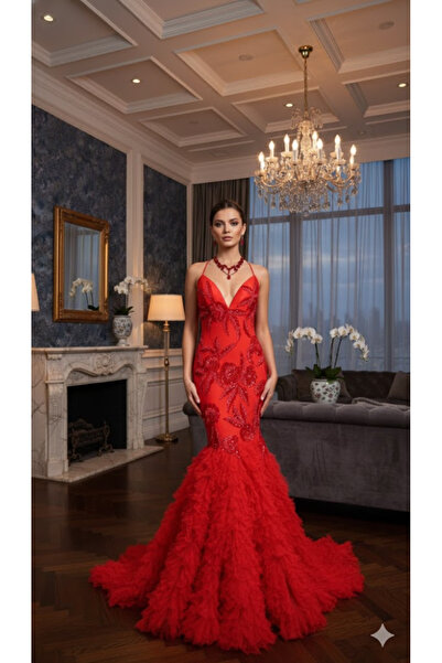 Zeyn KADIN ABİYE BALIK KESİM İŞLEME VE FIRFIRLI UZUN ELBİSE