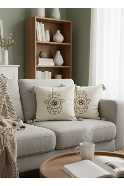 SİMEREV HALI HOME CONSEPT Punch Nakışlı 2 Adet Krem Kumaş Püsküllü Dokuma Kırlent Kılıfı Modern Desen Yastık Kılıf