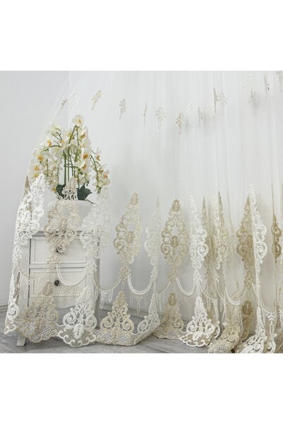 CumparaMisim Emerald Tulle Curtain with Embroidery, elegant pattern, White - Beige, 140cm width x 260cm height, with re