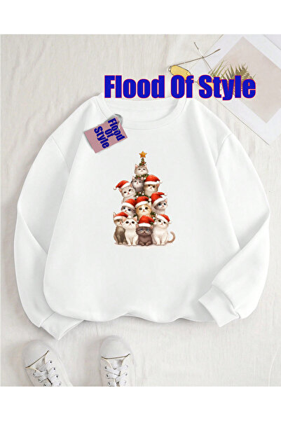 Flood Of Style Alb pisică Minimalist cu imprimeu Biskilet Swea cu gât tricou