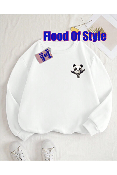 Flood Of Style سويت شيرت أبيض باندا مينيماليست مطبوع بياقة بيسكيت